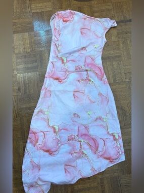 Pink Marble-Print Midi Slip Dress with Gold Accents